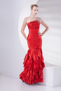 Mermaid Wine Red One Shoulder Beading Ruching Ruffles Long Prom Dress