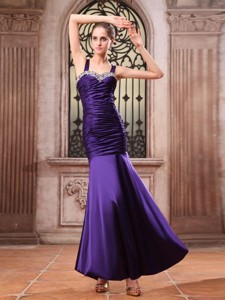 Purple Prom Dress With Straps Beaded and Ruched Mermaid Ankle-length