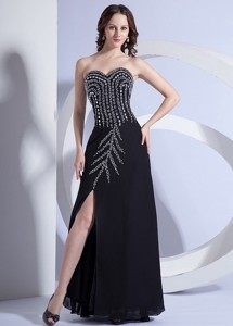 Beading Decorate Bodice High Slit Black Chiffon Floor-length Sweetheart Neckline Prom Dress