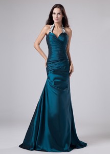 Modest Halter Turquoise Prom Dress With Appliques And Ruch With Taffeta In