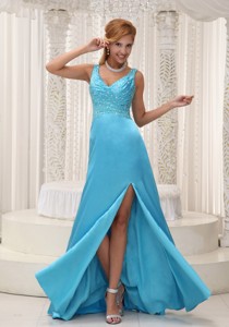 High Slit Aqua Blue Prom Evening Dress Straps And Beaded Decorate Up Bodice Gown