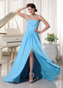 Aqua Blue Sweetheart High Slit Beaded Decorate Bust Prom Dress For Custom Made Chiffon Brush Train