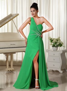 One Shoulder High Slit Homecoming Dress Spring Green Ruched And Beading Bodice