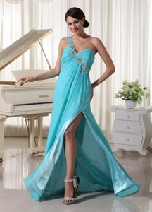 Beaded One Shoulder Turquoise Blue Prom Dress With High Slit Brush Train Chiffon