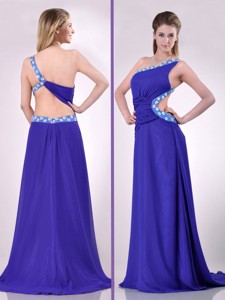 Beautiful Brush Train One Shoulder Prom Dress with Criss Cross
