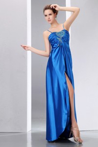 Cheap Blue Prom Dress Column Spaghetti Straps Beading and Ruch Floor-length Elastic Wove Satin