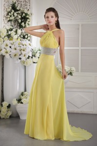 Yellow Empire Halter Brush Train Chiffon Beading and Ruch Prom / Graduation Dress