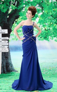 Custom Made One Shoulder Prom Dress Peacock Blue Beading and Ruch In Celebrity