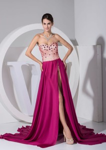 High Slit Court Train Sweetheart Prom Dress With Beaed Bodice