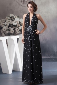 Beaded Black Halter Long Prom Graduation Dress with Plunging Neck