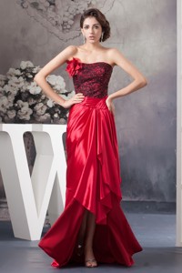 Flower and Lace Accent Red High-Low Prom Graduation Dress