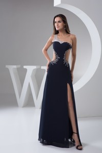 Asymmetrical Beaded Navy Blue Prom Holiday Dress with Cut Out