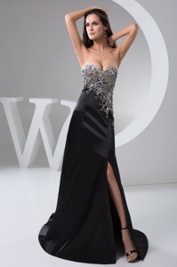 Beading and High Slit Decorate Black Brush Prom Holiday Dress