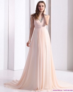 Brush Train Long Prom Dress With Beading And Ruching