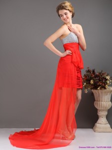 Brush Train Red High Low Prom Dress With Ruching And Beading