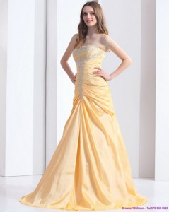 Brush Train Gold Prom Dress With Ruching And Beading