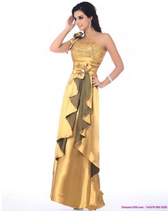Gorgeous One Shoulder Gold Prom Dress with Hand Made Flowers and Ruching