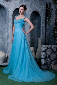 Exquisite Aqua Blue Prom Dress Straps Chiffon Beading Sweep Train