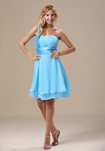 Missouri One Shoulder Light Blue Chiffon Ruched Decorate Bust Knee-length Prom Homecoming Dre
