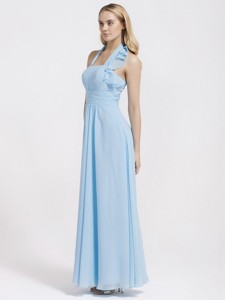 Gorgeous Halter Top Ruffles And Belt Baby Blue Prom Dress