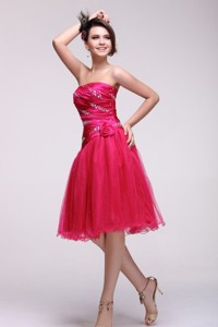 Pretty Strapless Knee-length Beading Taffeta Hot Pink Prom Dress