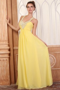 Halter Top Neck Empire Chiffon Yellow Prom Dress with Beading