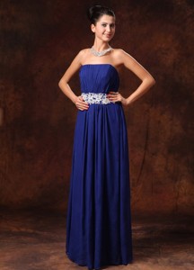 Blue Chiffon Appliques Decorate Waist Strapless Custom Made New Arrival Prom Gowns With Lace Up