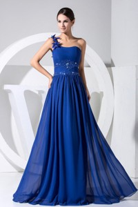 One Shoulder Beading Decorate Bodice Blue Chiffon Beaituful Prom Dress For 201
