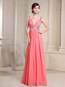 V-neck Beading For Watermelon Prom Dress With Floor-length
