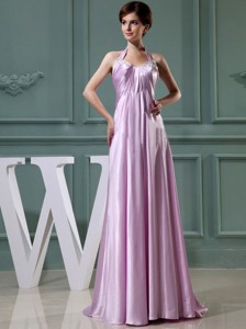 Beading Halter Empire Elastic Woven Satin Floor-length Prom Dress Lavender