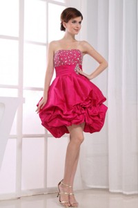 Beading Mini-length Strapless Taffeta Prom Dress Hot Pink