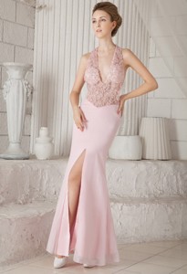 Pink Column V-neck Floor-length Chiffon Appliques Prom / Evening Dress