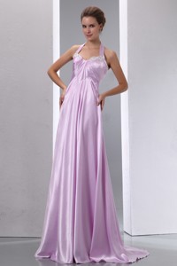 Lavender Halter Appliques Junior Prom Evening Dress Brush Train Elastic Woven Satin