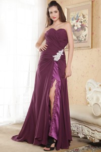 Dark Purple Column Sweetheart Prom Dress Chiffon Appliques Brush Train