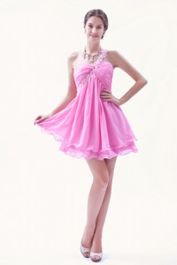 Rose Pink Princess Beading Prom Dress One Shoulder Mini-length Organza