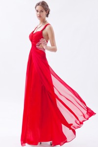 Red Empire Straps Prom Dress Chiffon Sequins Ankle-length