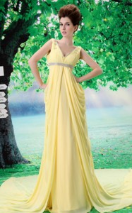 Customize V-neck Yellow Prom Dress With Beading And Ruch In Celebrity