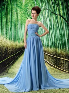 Beading Empire Light Blue Chiffon Watteau Strapless Prom Dress