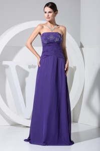 Beading and Ruching Strapless Floor-length Prom Gown in Purple