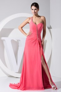 Beaded Singgle Shoulder Back Covered Prom Gowns with Slit on The Side