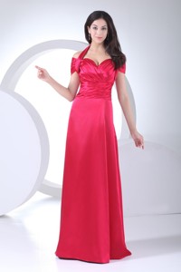 Halter Top Ruched Cap Sleeve Prom Dress for Women in Red