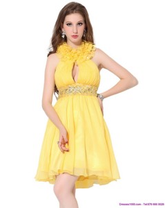 Halter Top Ruffled Prom Dress With Beading