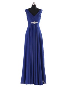 Simple V Neck Beading And Ruching Long Prom Dress Autumn
