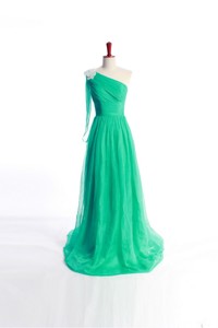 Affordable Appliques Green Long Prom Dress With Sweep Train