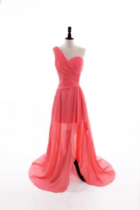 Gorgeous Column One Shoulder Watermelon Prom Dress With Ruching