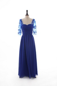 Fall Empire Sweetheart Ruching Prom Dress With Half Sleeves In Blue