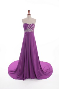 Fashionable Beaded Court Train Prom Dress In Eggplant Purple