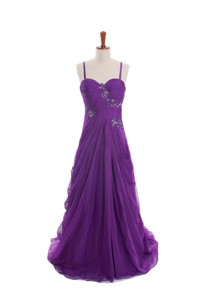 Cheap Appliques And Beading Eggplant Purple Prom Dress With Sweep Train