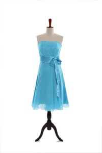 Discount Belt And Bowknot Short Prom Dress In Aqua Blue