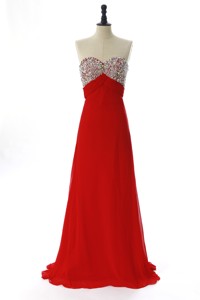 Exquisite Winter Beading Red Prom Dress With Sweep Train
